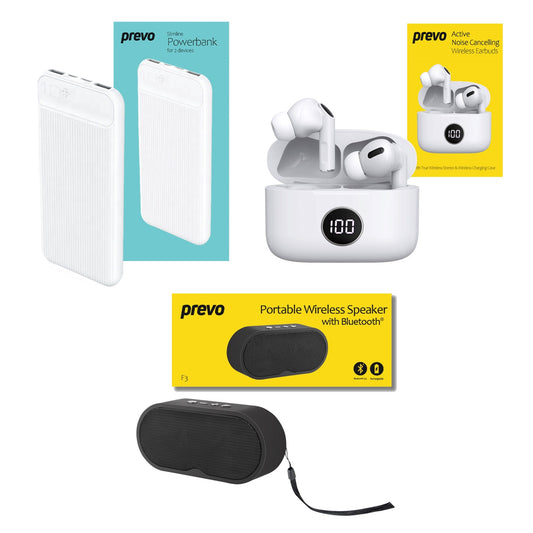 Prevo Travel & Holiday Entertainment Bundle with Active Noise Cancelling Earbuds, 10000mAh Powerbank & Portable Wireless Speaker