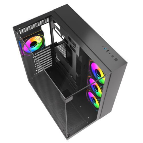 Vida Visio Black ARGB Gaming Cube Case w/ Glass Side, Front & Top, ATX, 4x ARGB PWM Fans, 6-Port Fan Hub & Remote Control, USB-C, Asus BTF Compatible