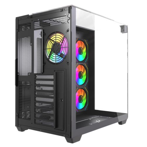 Vida Visio Black ARGB Gaming Cube Case w/ Glass Side, Front & Top, ATX, 4x ARGB PWM Fans, 6-Port Fan Hub & Remote Control, USB-C, Asus BTF Compatible