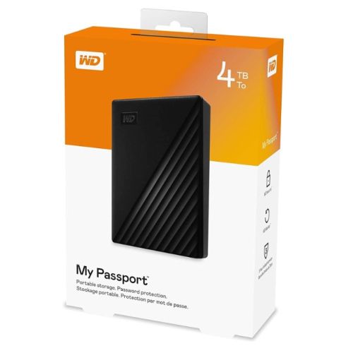 WD 4TB My Passport External Hard Drive, 2.5", USB 3.2 Gen1, Hardware Encryption, Backup Software, Black