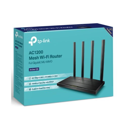 TP-LINK (Archer C6), AC1200 (867+300) Wireless Dual Band GB Cable Router, 4-Port, MU-MIMO, Access Point Mode