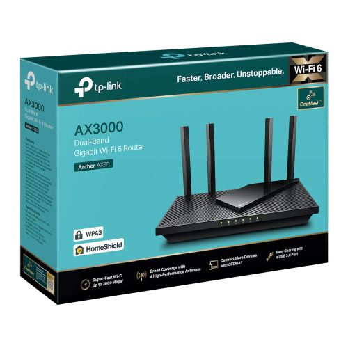 TP-LINK (Archer AX55) AX3000 (574+2402) Wireless Dual Band Wi-Fi 6 Router, OFDMA, MU-MIMO, USB 3.0, OneMesh Support