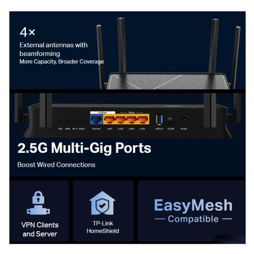 TP-LINK (Archer BE230) BE3600 Dual Band Wi-Fi 7 Router, MLO, 2.5G LAN, 2.5G WAN, USB, EasyMesh Compatible