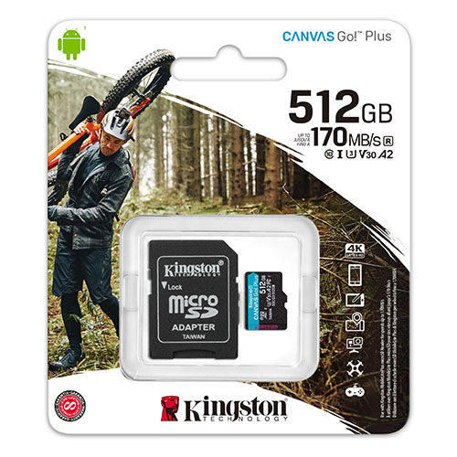 Kingston 512GB Canvas Go! Plus Micro SDXC Card with SD Adapter, UHS-I Class 10, U3, A2 App Performance, 170MB/s