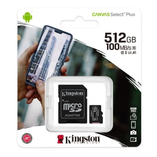 Kingston 512GB Canvas Select Plus MicroSDXC Card with SD Adapter, UHS-I Class 10, U3, A1 App Performance, 100MB/s