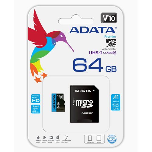 ADATA 64GB Premier Micro SDXC Card with SD Adapter, UHS-I Class 10, A1 App Performance, 85MB/s