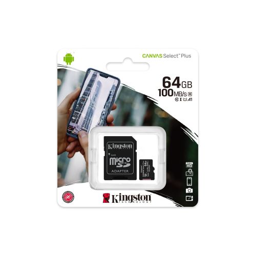 Kingston 64GB Canvas Select Plus MicroSDXC Card with SD Adapter, UHS-I Class 10,U1, A1 App Performance, 100MB/s