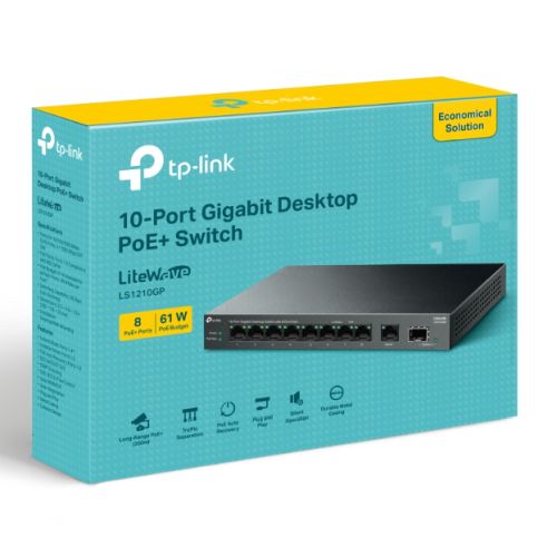 TP-LINK (LS1210GP) 10-Port Gigabit Desktop LiteWave Switch with 8-Port PoE+, GB SFP Port