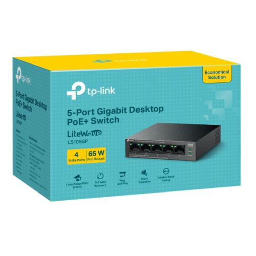 TP-LINK (LS105GP) 5-Port Gigabit Desktop LiteWave Switch with 4-Port PoE+, Metal Casing