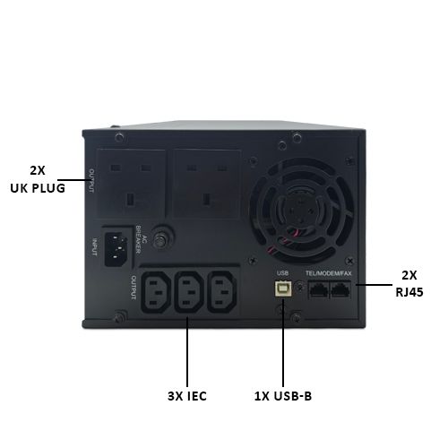 Armour 2000VA UPS, 1600W, LCD Display, 2x UK Plug, 2x RJ45, 3x IEC, USB, Brown Box
