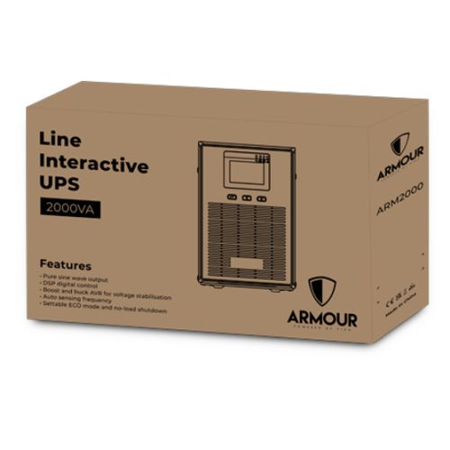 Armour 2000VA UPS, 1600W, LCD Display, 2x UK Plug, 2x RJ45, 3x IEC, USB, Brown Box