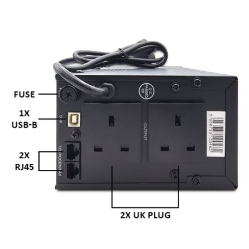 Armour 650VA UPS, 390W, LED Indicators, 2x UK Plug, 2x RJ45, USB
