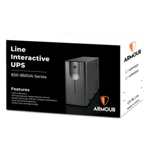 Armour 650VA UPS, 390W, LED Indicators, 2x UK Plug, 2x RJ45, USB