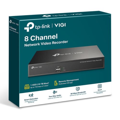 TP-LINK (VIGI NVR1008H) 8-Channel NVR, No HDD (Max 10TB), 4-Channel Simultaneous Playback, Remote Monitoring, H.265+, Two-Way Audio