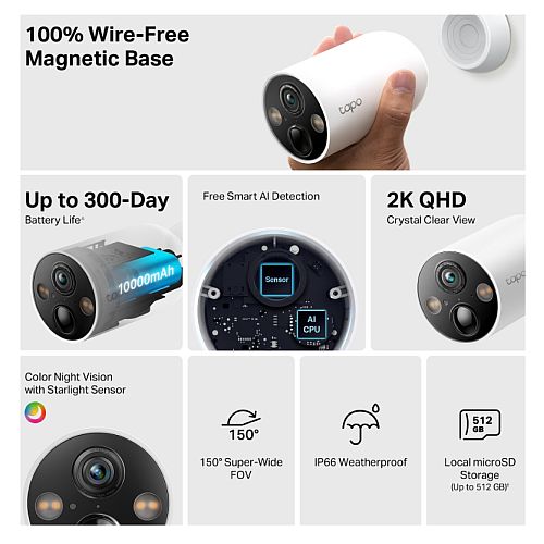 TP-LINK (TAPO C425) Smart Wire-Free 2K QHD Outdoor Security Camera, 300-Day Battery, Magnetic Base, Colour Night Vision, AI Detection, 2-Way Audio
