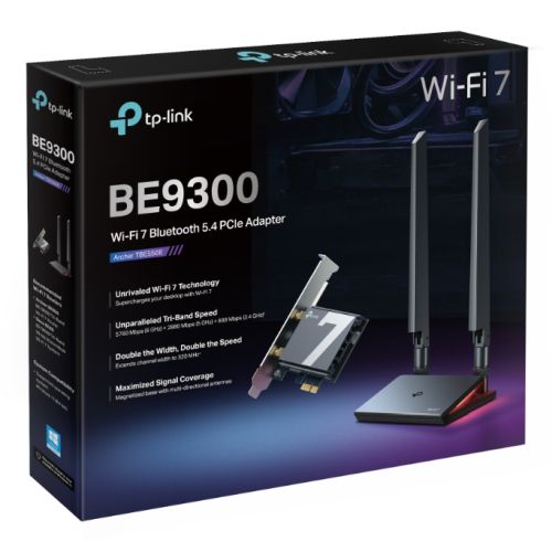 TP-Link (Archer TBE550E) BE9300 Wi-Fi 7 Tri-Band PCI Express Adapter, Bluetooth 5.4, WPA3, External Base/Antennas
