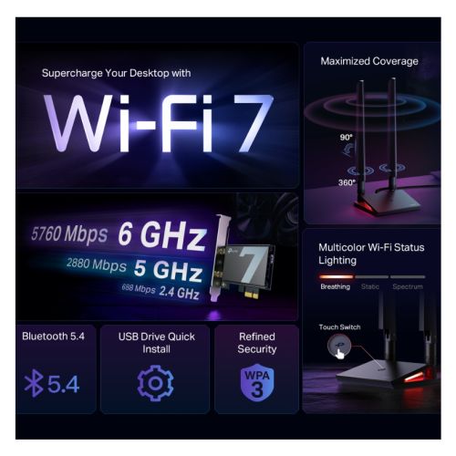 TP-Link (Archer TBE550E) BE9300 Wi-Fi 7 Tri-Band PCI Express Adapter, Bluetooth 5.4, WPA3, External Base/Antennas