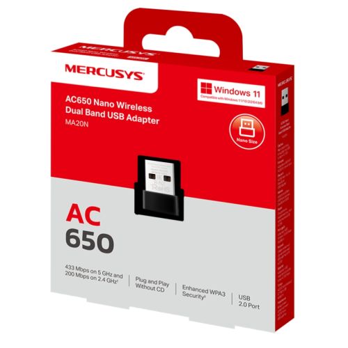 Mercusys (MA20N) AC650 Nano Wireless Dual Band USB Adapter, WPA3 Security