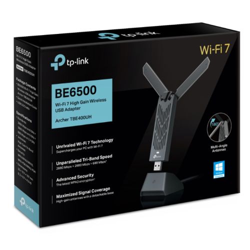 TP-LINK (Archer TBE400UH) BE6500 Wi-Fi 7 High Gain Wireless USB Adapter, Tri-Band, USB 3.0, MLO, MU-MIMO, OFDMA, Multi-RU, Cradle