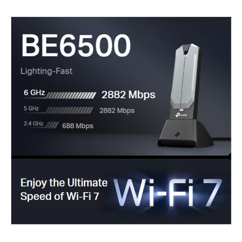 TP-LINK (Archer TBE400UH) BE6500 Wi-Fi 7 High Gain Wireless USB Adapter, Tri-Band, USB 3.0, MLO, MU-MIMO, OFDMA, Multi-RU, Cradle