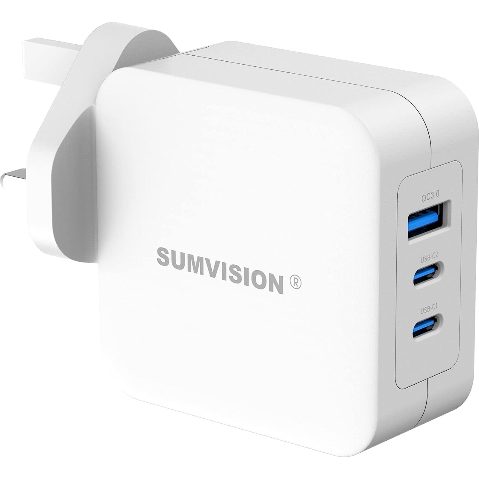 SUMVISION Universal 3 Port USB Laptop Wall Charger, 100W, GaN, Multiport USB Connections with Type-C, USB-A QC 3.0 Fast Charge & USB-A, Includes UK Plug, Suitable for USB-C Laptop Charging, UK Design and Free UK Tech Support