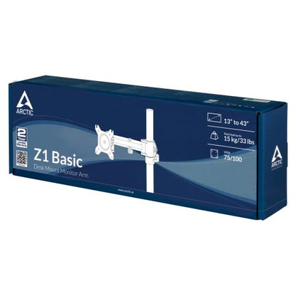 Arctic Z1 Basic Single Monitor Arm, 13" - 43" Monitors, 180° Swivel, 360° Rotation