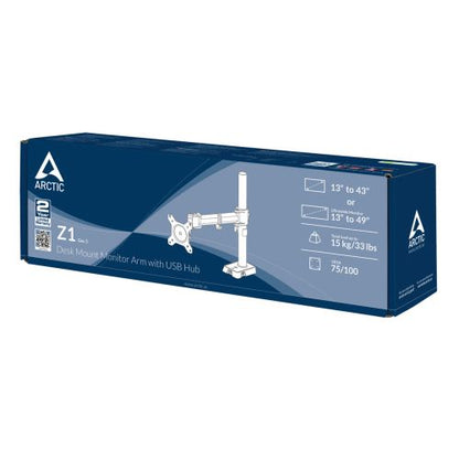 Arctic Z1 Gen 3 Single Monitor Arm with 4-Port USB 2.0 Hub, up to 43" Monitors / 49" Ultrawide, 180° Swivel, 360° Rotation