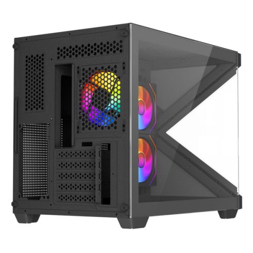Vida Arcade Black ARGB Gaming Case w/ Glass Side & Glass/Mesh Front, Micro ATX, ARGB Strips, 3x ARGB PWM Fans, 6-Port ARGB Fan Hub & Remote Control