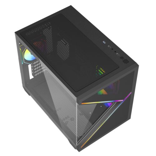Vida Arcade Black ARGB Gaming Case w/ Glass Side & Glass/Mesh Front, Micro ATX, ARGB Strips, 3x ARGB PWM Fans, 6-Port ARGB Fan Hub & Remote Control