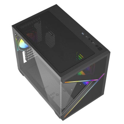 Vida Arcade Black ARGB Gaming Case w/ Glass Side & Glass/Mesh Front, Micro ATX, ARGB Strips, 3x ARGB PWM Fans, 6-Port ARGB Fan Hub & Remote Control