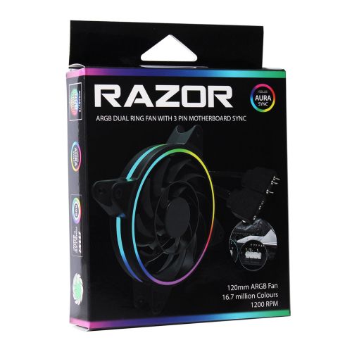 GameMax Razor 12cm PWM Rainbow ARGB Dual Ring Case Fan, Hydro Bearing, 24 LEDs, Anti-Vibration, Up to 1200 RPM