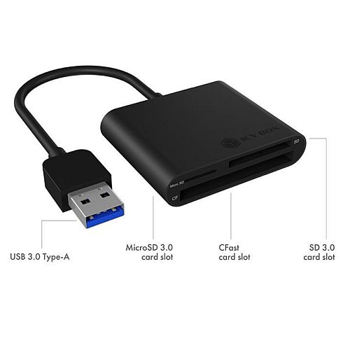 Icy Box (IB-CR301-U3) External 3-Port Reader, SD/microSD/CF Cards, USB Powered