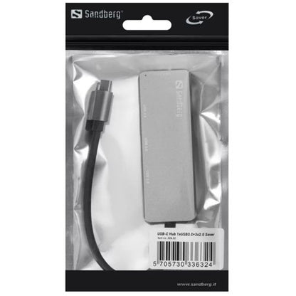 Sandberg External 4-Port USB-A Hub - USB-C Male, 1x USB 3.0, 3x USB 2.0, Aluminium, USB Powered, 5 Year Warranty