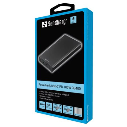 Sandberg (420-63) PD 100W 38400mAh Powerbank, 1x USB-C 100W, 2x USB-A, Power-Through, Aluminium, 5 Year Warranty