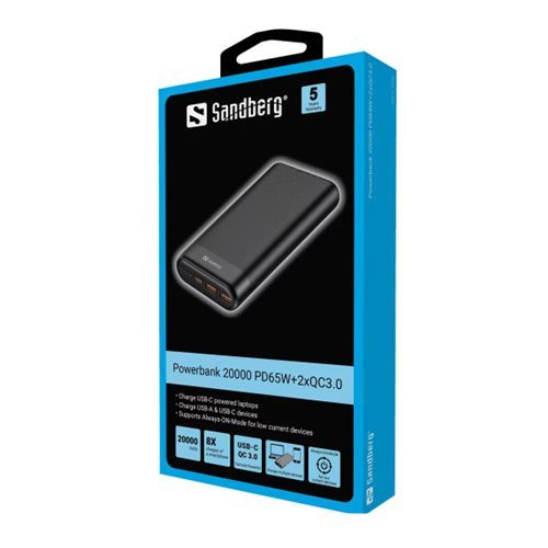 Sandberg 20000 mAh Powerbank, USB-A, QC 3.0, USB-C PD 65W Fast Charge, 5 Year Warranty