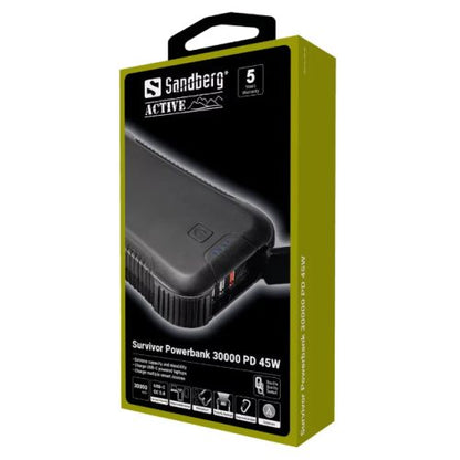 Sandberg (420-48) Survivor PD 45W 30000mAh Outdoor Powerbank, 1x USB-C 45W, 3x USB-A (1 QC 3.0), Power-Through, IP66, Flashlight, 5 Year Warranty