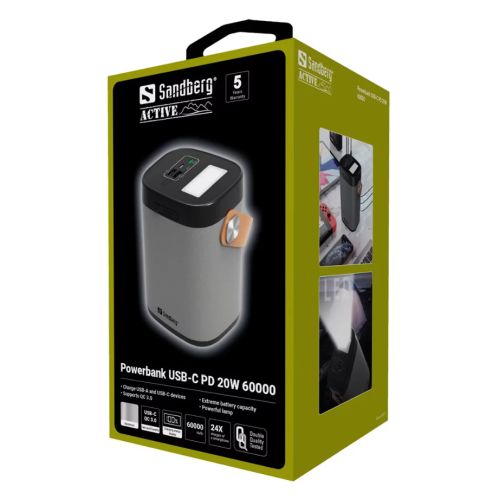 Sandberg (420-71) PD 20W 60000mAh Powerbank, 1x USB-C (QC 3.0), 2x USB-A, Power-Through, Flashlight, Status Display, Aluminium, 5 Year Warranty