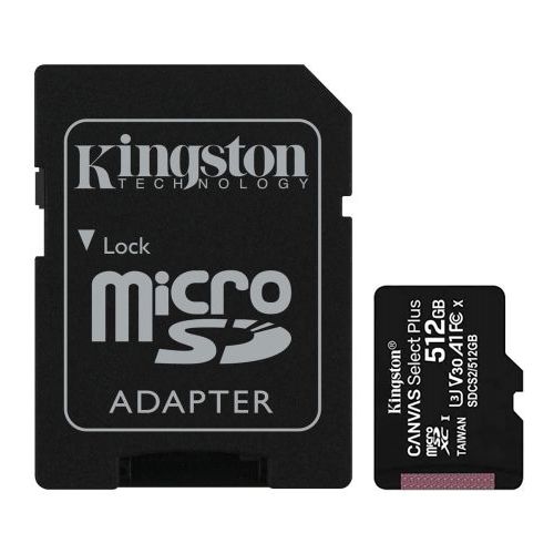 Kingston 512GB Canvas Select Plus MicroSDXC Card with SD Adapter, UHS-I Class 10, U3, A1 App Performance, 100MB/s