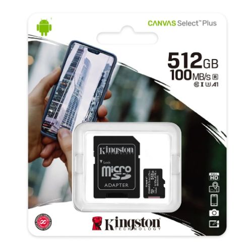 Kingston 512GB Canvas Select Plus Micro SD Card with SD Adapter, UHS-I Class 10 with A1 App Performance