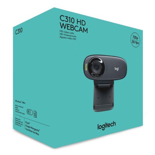 Logitech C310 HD Webcam, 1.2MP, 720p/30fps, Mic, Widescreen, Auto Light Correction, Mounting Clip