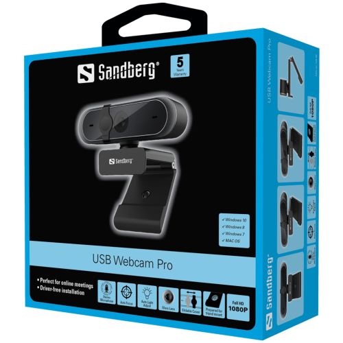 Sandberg USB FHD Webcam Pro, 5MP, Omni-directional Mics, HD Video Calling, Autofocus & Light Correction, 80° Viewing Angle, 5 Year Warranty