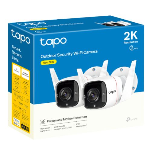 TP-LINK (TAPO C310P2) Outdoor Security Cameras (2-Pack), Wired/Wireless, Ultra HD, Night Vision, Motion Detection, Alarms, 2-way Audio, Voice Control