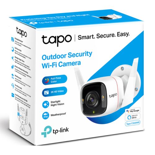 TP-LINK (TAPO C320WS) Outdoor Security Wi-Fi Camera, Wired/Wireless, Ultra HD, Night Vision, Motion Detection, Alarms, 2-way Audio, Voice Control, SD Card Slot