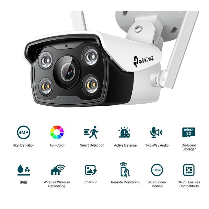 TP-LINK (VIGI C340 4MM) 4MP Outdoor Full-Colour Bullet Network Camera w/ 4mm Lens, PoE, Spotlight LEDs, Smart Detection, IP66 , H.265+