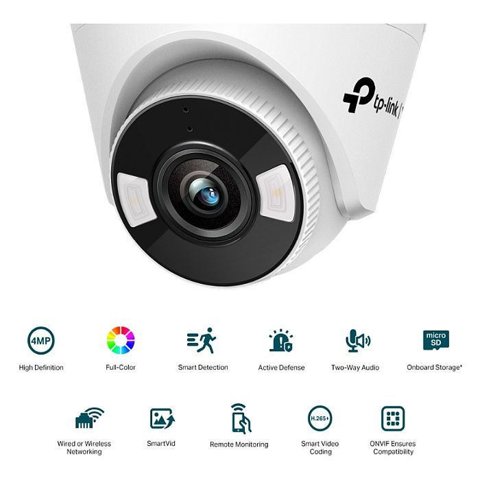 TP-LINK (VIGI C440 4MM) 4MP Full Colour Turret Network Camera w/ 4mm Lens, PoE, Spotlight LEDs, Smart Detection, Two-Way Audio, H.265+